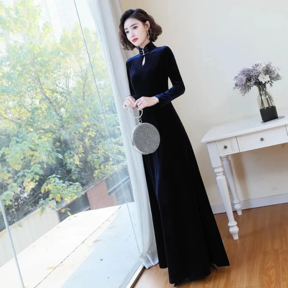

Noble And Elegant Golden Velvet Dress Women's Spring Autumn Long Sleeved Long Dresses Female Temperament Cheongsam Evening Dress