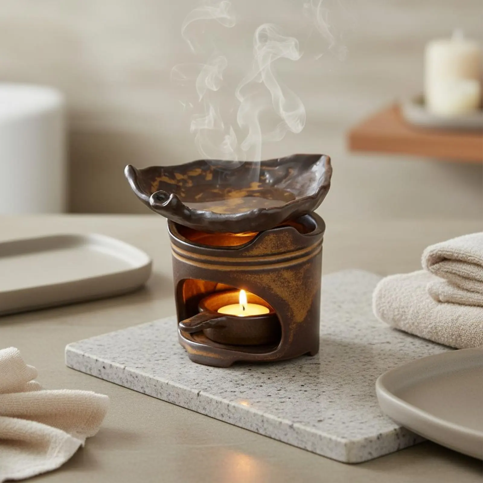 Фото Керамическая аромалампа для чая с дизайном в стиле Tranquil Inspired, работающая от свечи, для ароматизации маслом, в деревенском стиле, винтажный дизайн №5