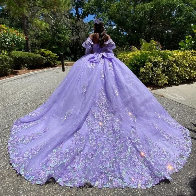 Customized Lilac Long Sleeve Beading Quinceanera Dresses Ball Gown Off The Shoulder Appliques Lace Corset Vestidos De 15 Años