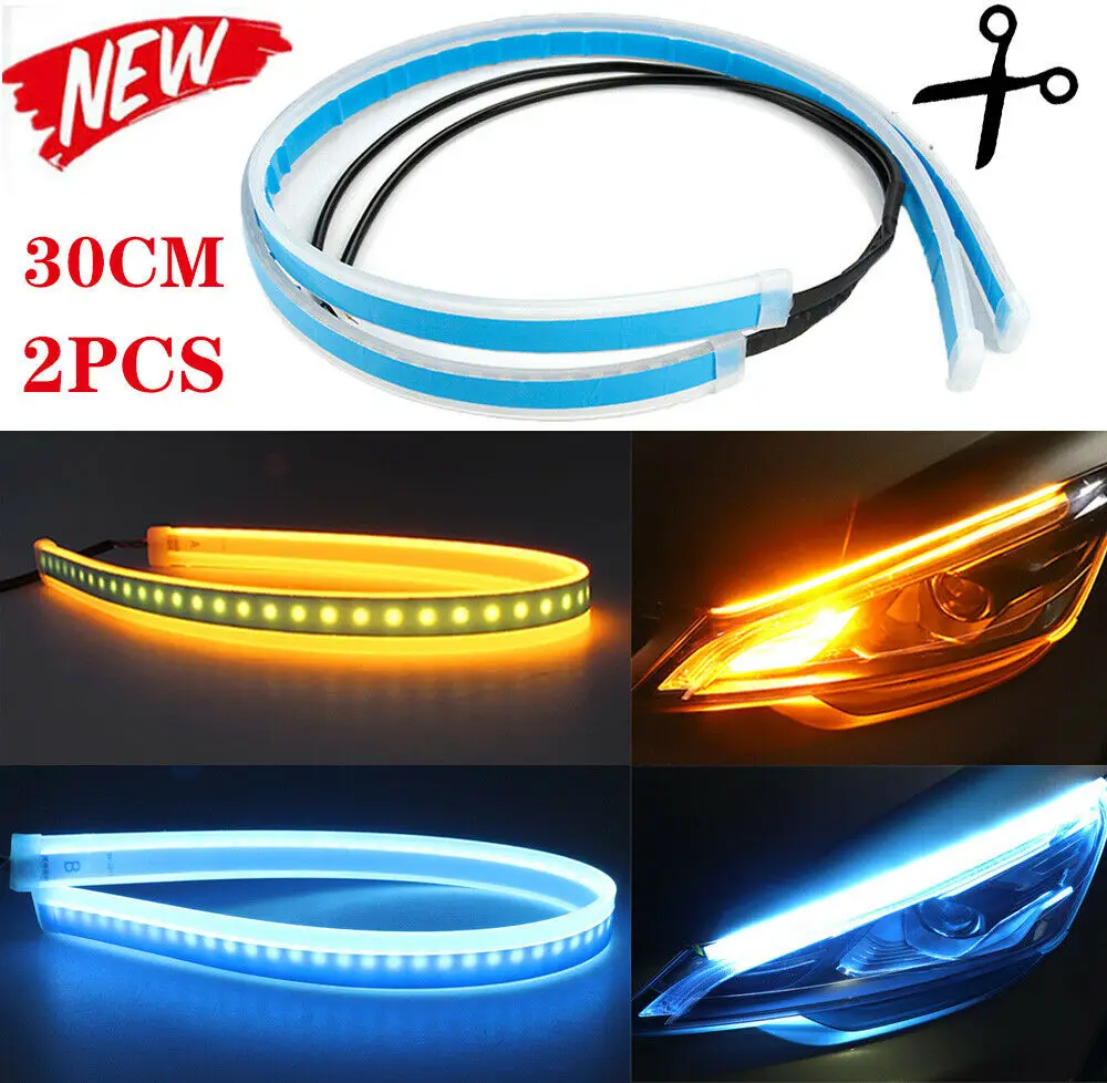

30Cm Ice Blue Amber Flow Sequential Flexible Led Drl Turn Signal Headlight Strip