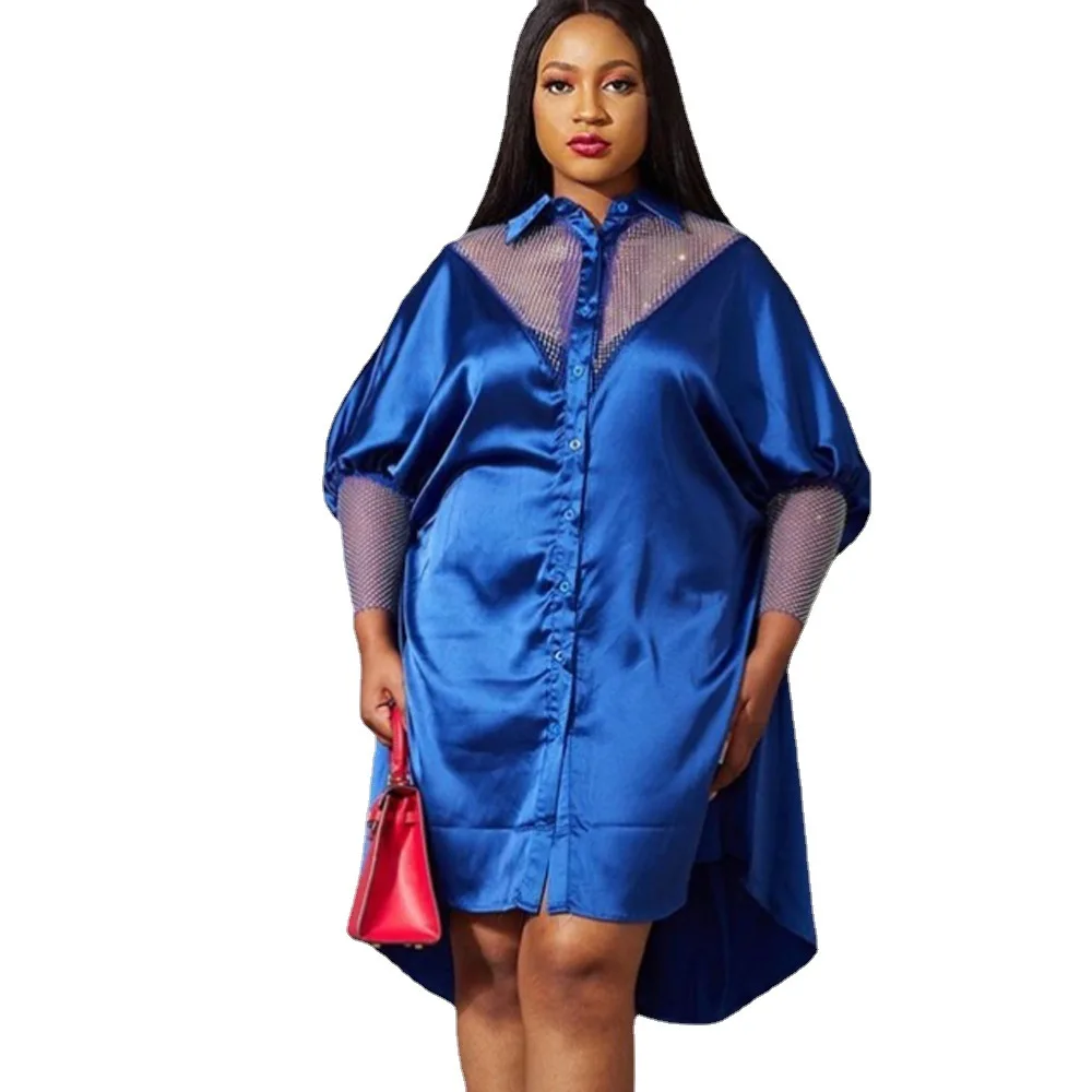 

Sexy African Women's Lantern Sleeve Shirt Dress Blue Mesh Lapel Button Loose Midi Dress Casual Clothing Spring 2022 Vestidos