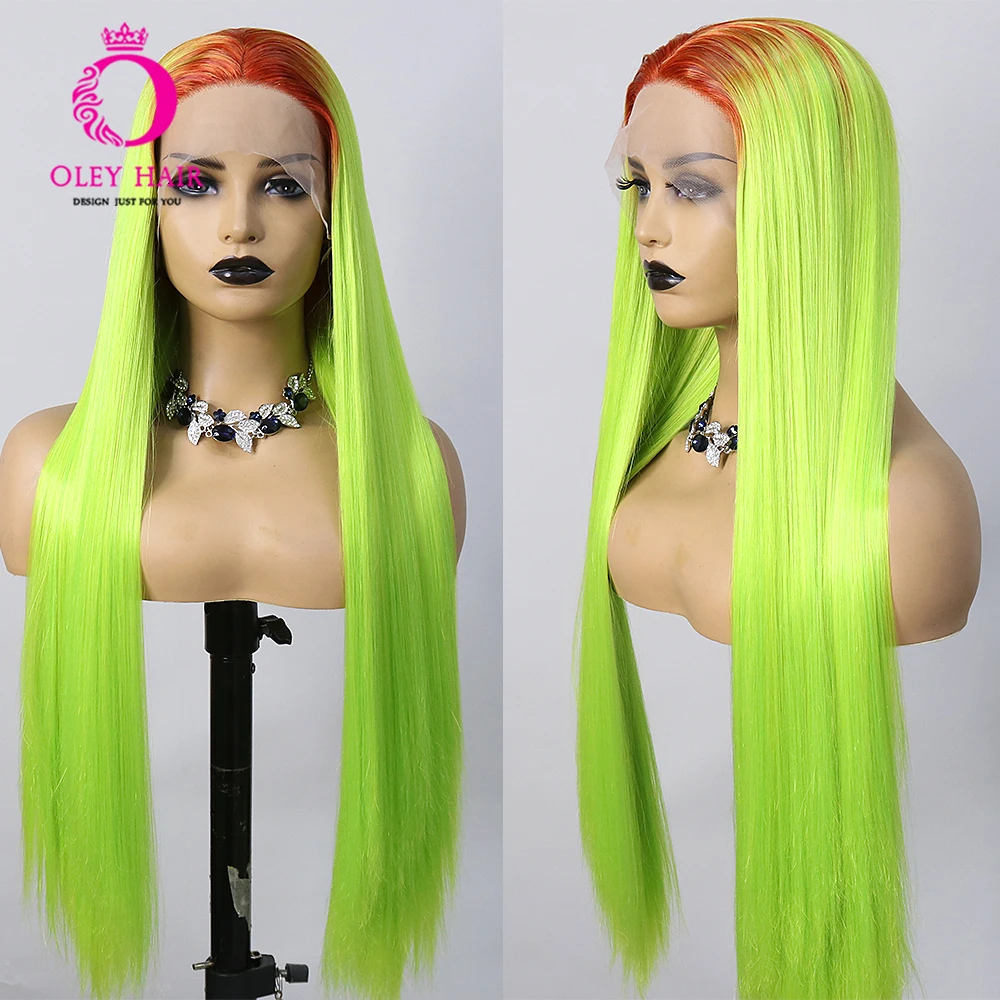 Ombre Green Colored Synthetic Heat Resistant 13x4 Lace Front  Straight Drag Queen Cosplay Wigs For Black Women Glueless