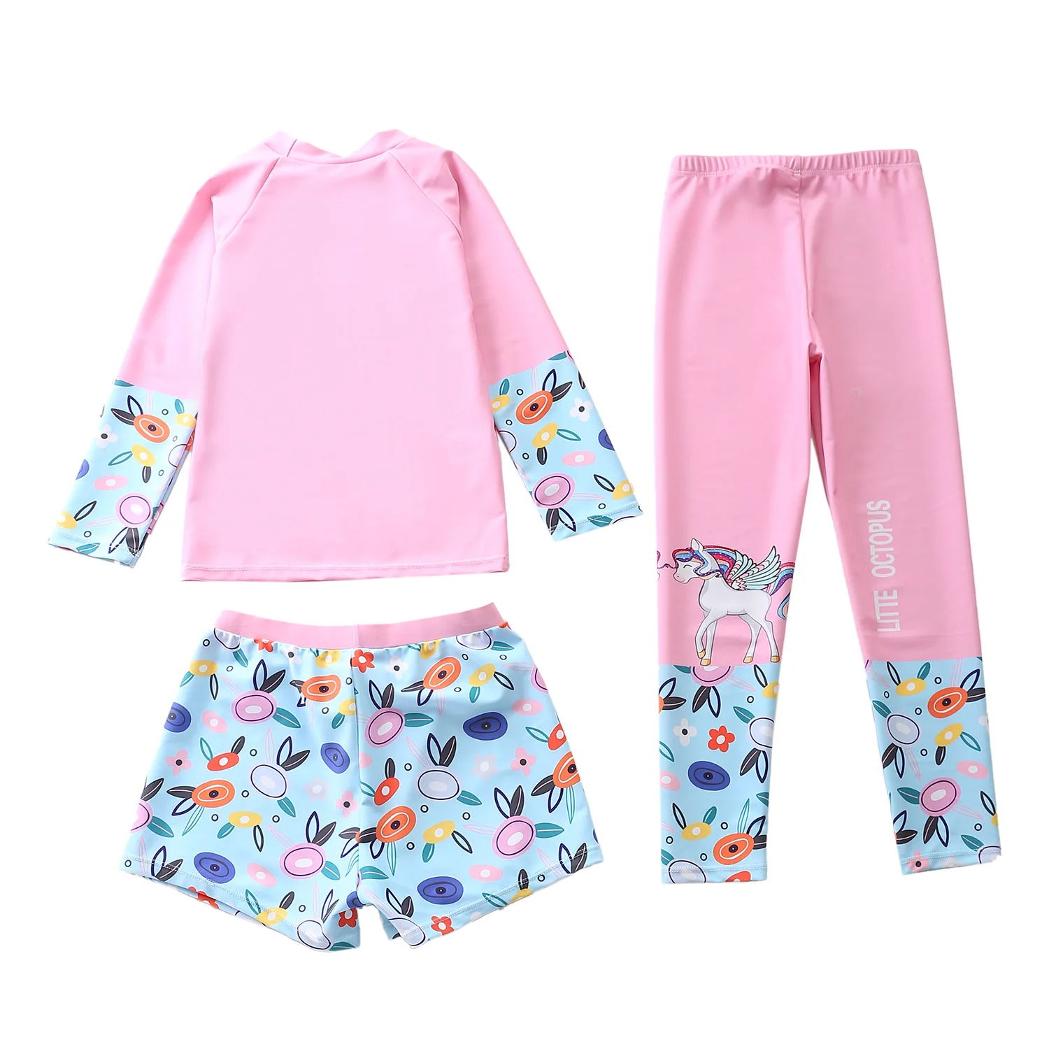 Swimsuit for Girls 3 Pieces Long Sleeve Children's Swimwear + Pants + Swimming Trunks UV Protection Beach Kids Bathing Sun Suit