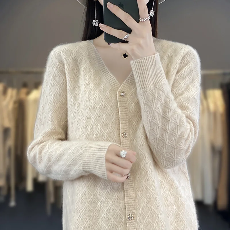Осень/зима новый женский свитер кардиган из 100% мериносовой шерсти с v-образным
