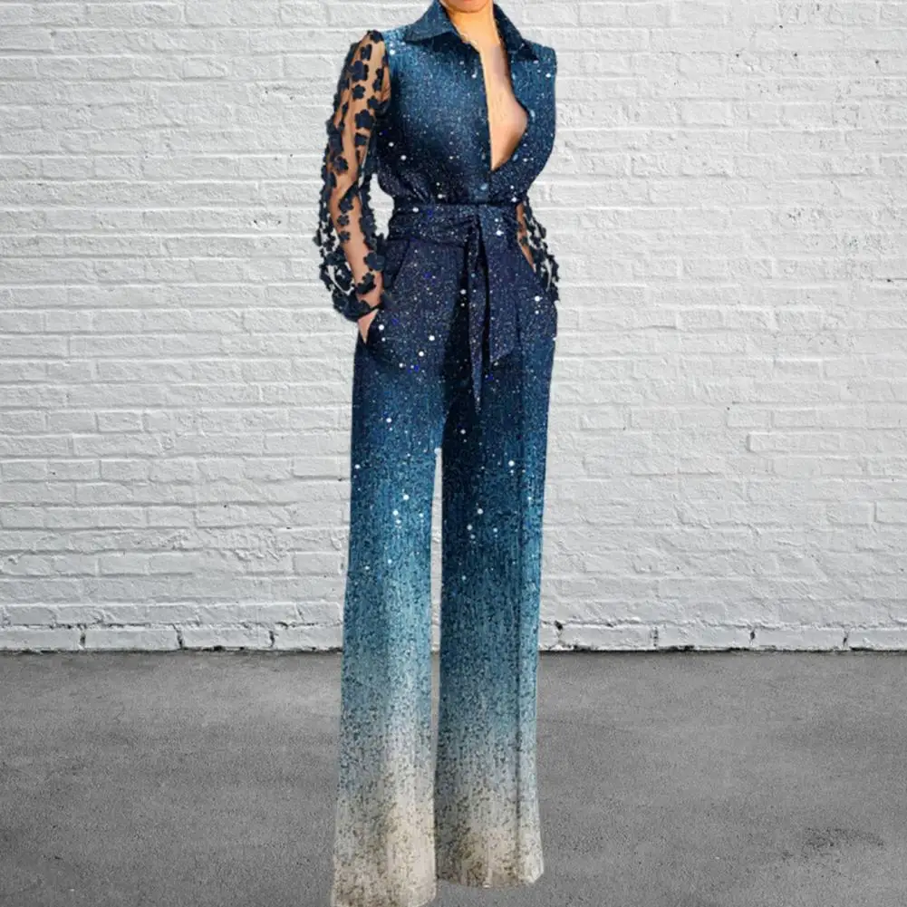 

Elegant Turn-Down Collar Tie-Up Stitching Color Romper Overall Workwear