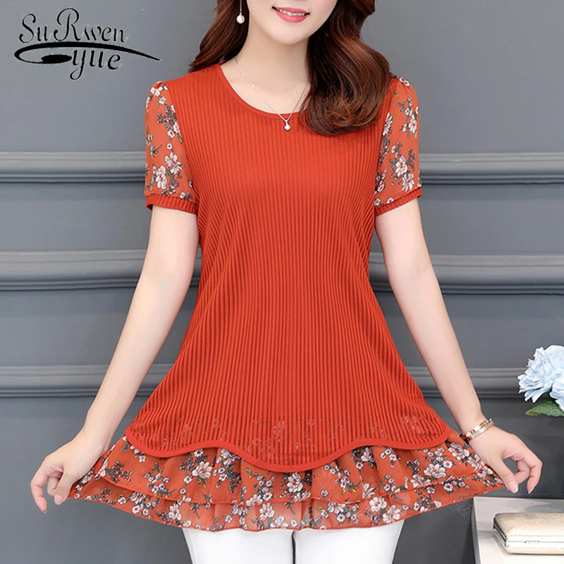 

New Fashion Chiffon Knit Women's Shirt Casual O Neck Elegant Summer Blouse Women Floral 5XL Short Sleeve Clothing Blusas 21709