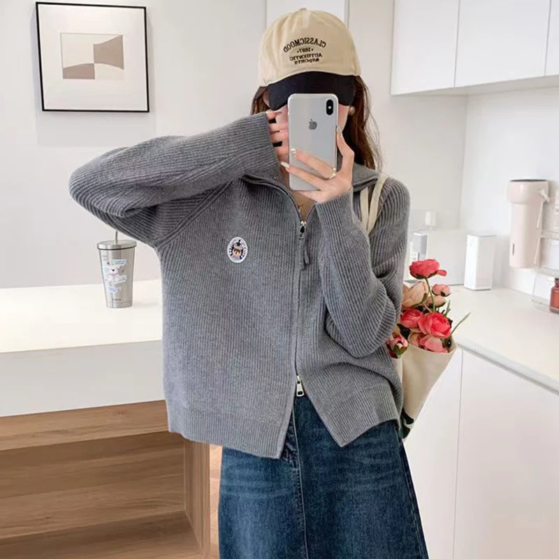 Серый вязаный свитер кардиган женский осенне-зимний новый пальто с отложным