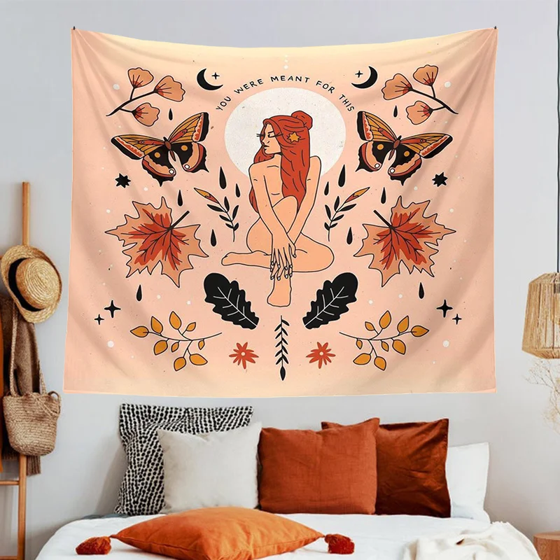 

Indian Moon Phase Girl Tapestry Wall Hanging Butterfly Magic Hand Botanical Bohemian Tapestries Hippie Wall Decoration Cloth