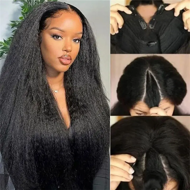 V Part Kinky Straight Wig Human Hair No Leave Out Upgraded U Part Glueless Wigs For Women Yaki Straight V Part Human Hair Wigs