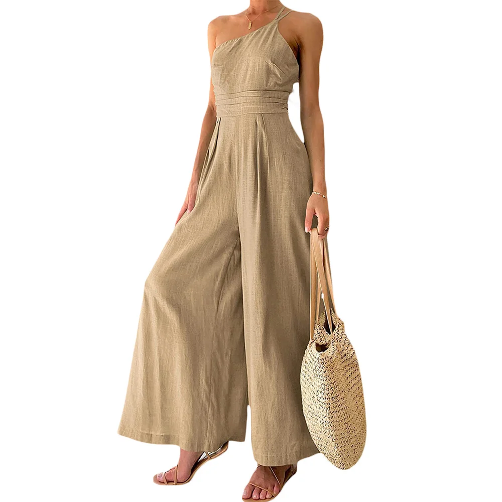 

Women's Summer Straps One Shoulder Pleated High Waist Casual Wide Leg Jumpsuit Romper Sleeveless Solid Color Romper Overall 2022