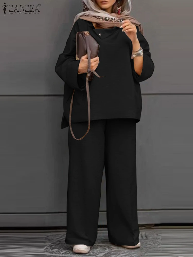 

ZANZEA Fashion Women Muslim Sets 2pcs Solid Loose Abaya Matching Sets Islamic Clothing Spring Long Sleeve Blouse Pants Suits