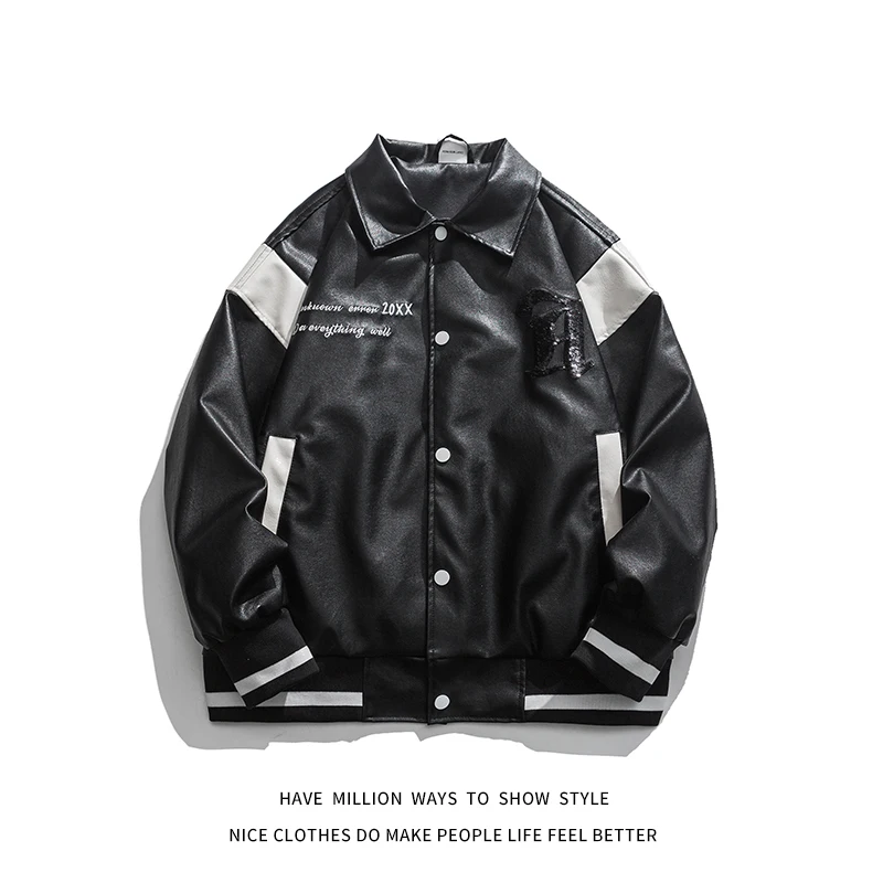 

New Spring PU Leather Motorcycle Coach Jacket Men Bomber Baseball Embroidery Letterman Unisex Women Varsity Stadium Award Couple
