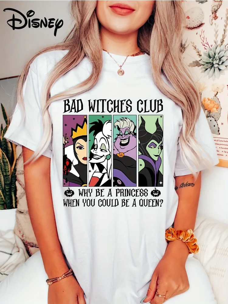 Фото Футболка Disney Bad Witch Club, забавная женская футболка с короткими рукавами и мультяшным рисунком, одежда в стиле Харадзюку на весну, лето и осень №2