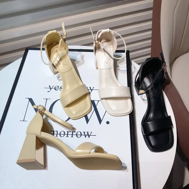 

2023 Summer Open Toe Women Sandal Fashion Narrow Band Ladies Elegant Gladiator Shoes Square High Heel Party Dress Pumps Shoes