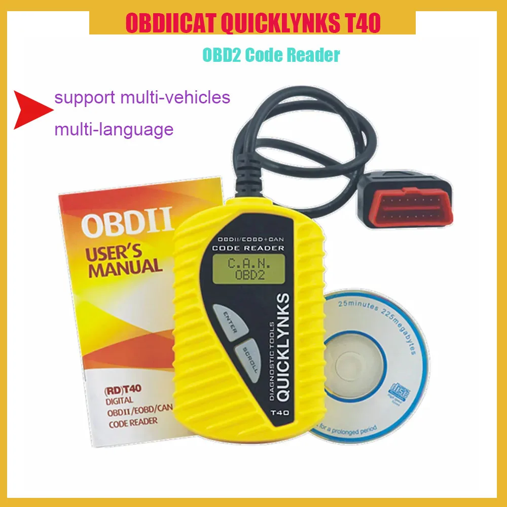 OBDIICAT QUICKLYNKS T40 Многоязычный сканер CAN OBDII Считыватель кодов Автоматический