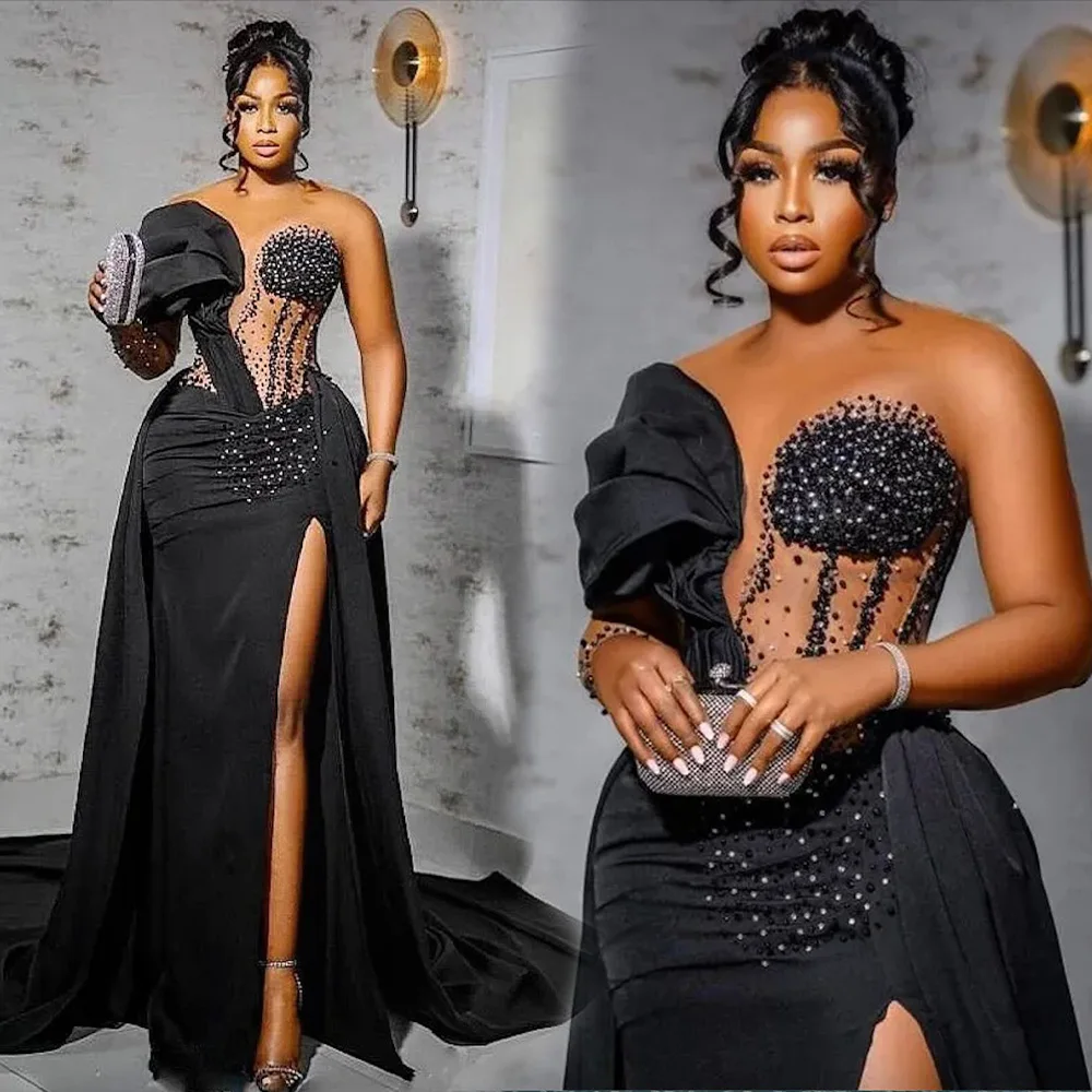 

Женское атласное платье с длинным рукавом, сексуальное черное платье до пола с длинным рукавом, украшенное бисером, со шлейфом, с разрезом