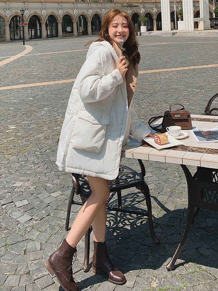 

Women's Cotton-Padded Jacket Korean Style Loose New Cotton Coat Puffer Jacket Ins Hong Kong Style Thick Mid-Length Cotton-Padded