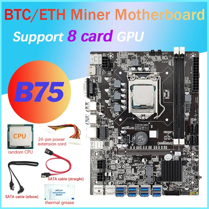B75 8 Card Mining Motherboard+CPU+Thermal Grease+24Pin Extension Cable+2XSATA Cable 8X USB3.0(PCIE) LGA1155 DDR3 SATA3.0