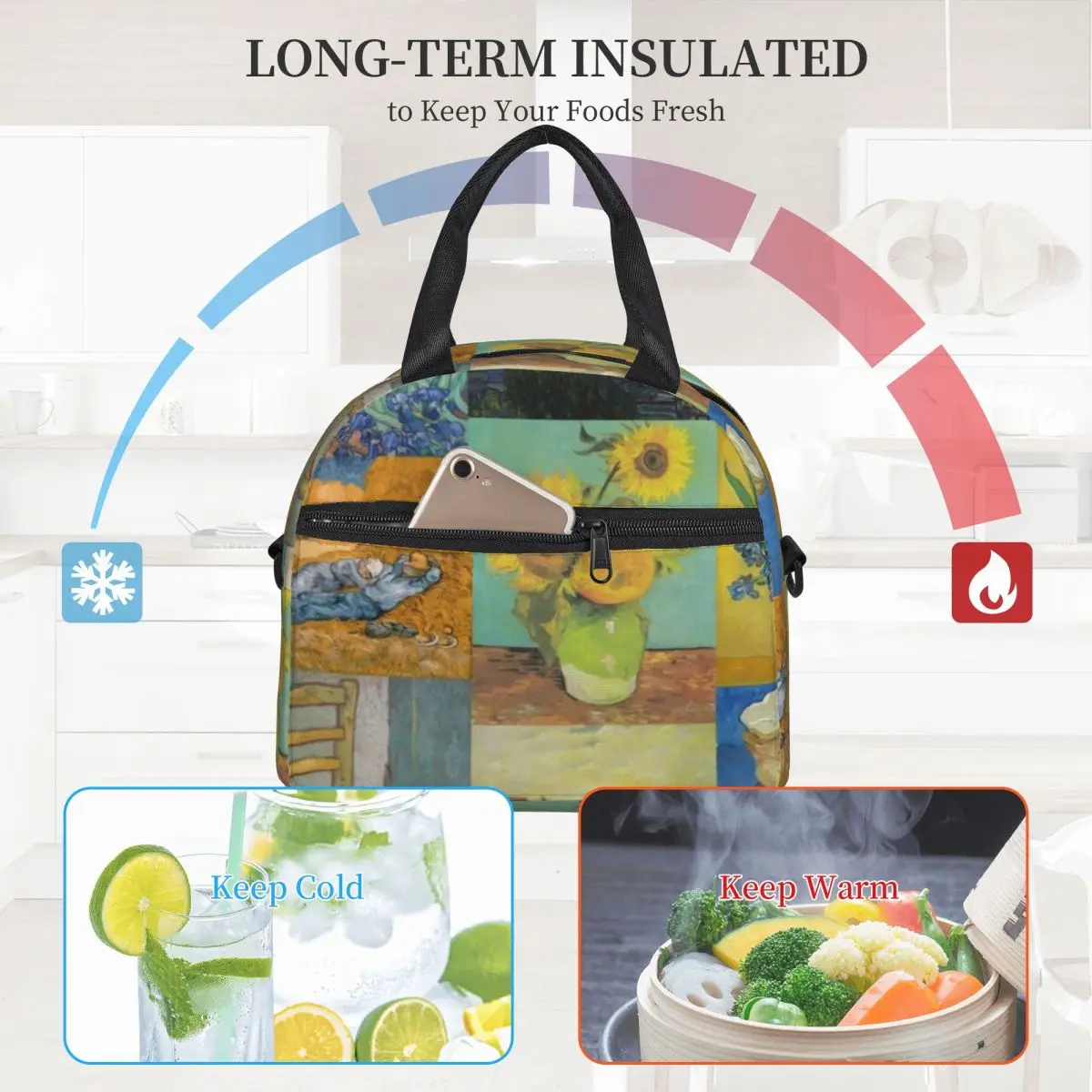 

Van Gogh Collage Lunch Bag with Handle Sunflowers Print Carry Cooler Bag Car Modern Meal Thermal Bag