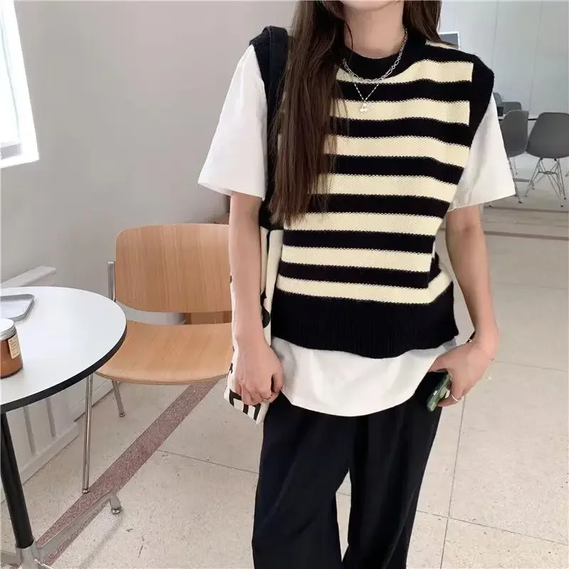 Sweater Vests Women Classic Striped Minimalist Panelled Basic Loose Korean Style Casual Students Autumn Knitwear Popular Design