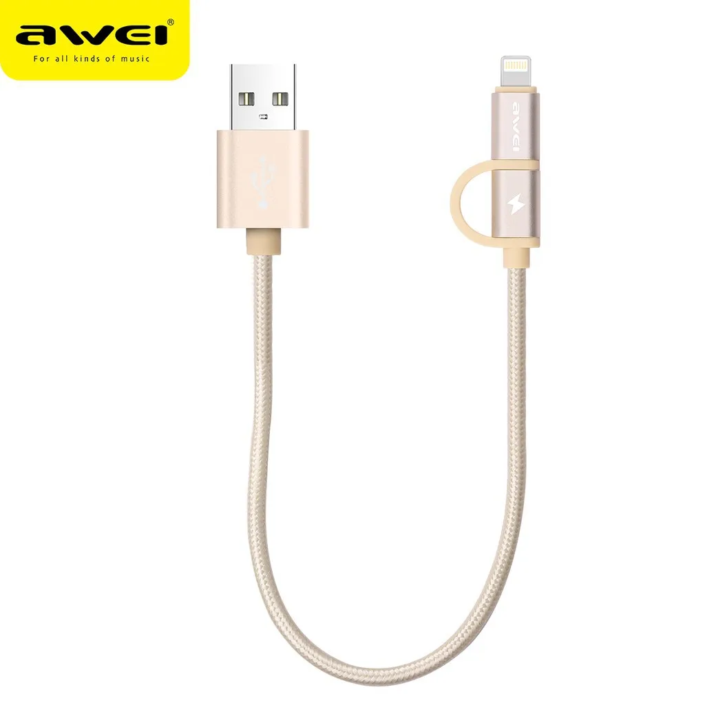 Awei 2 в 1 кабель Micro USB для зарядки телефона 20 см IOS Android и Powerbank кабели CL-930C быстрой |