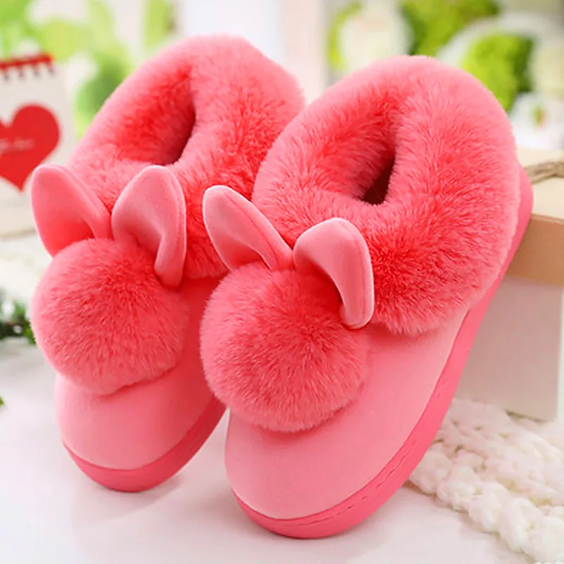 House Slippers for Women Winter Warm Plus Rabbit TPR Down Soft Indoor Slippers for Girls Solid Sewing Short Plush Casual Shoes