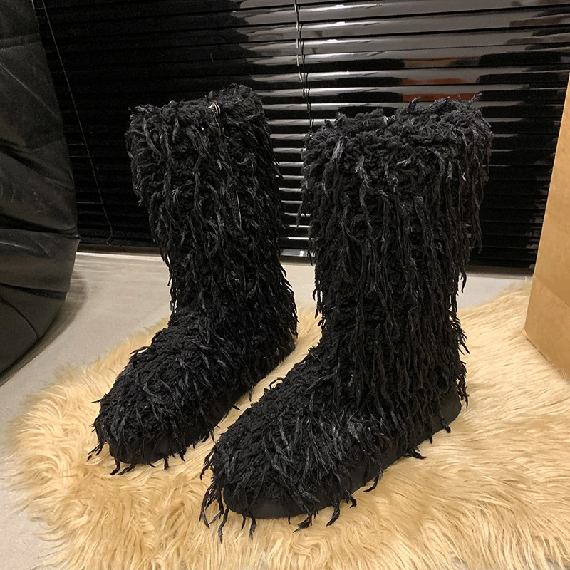 Женские зимние ботинки на толстой подошве с бахромой и флисовой подкладкой