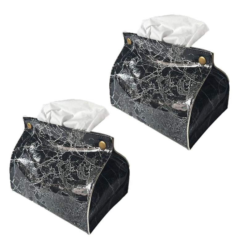

2X Marble Pattern Tissue Box Pu Leather Home Car Napkin Paper Container Paper Towel Napkin Case Pouch Home Decor—Black