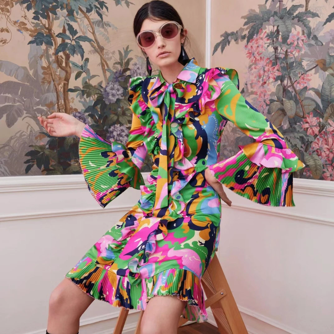 

Top Quality 2022 Autumn Collection Purple Floral Print Gradient Lantern Sleeve Mid Length Vintage Dress with Belt