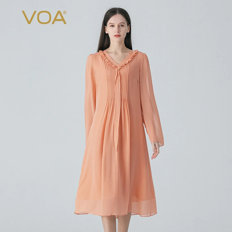 

(Fans Exclusive Discount) VOA Real Double Layer Silk V-Neck Long Sleeve Sweet Ruffles Loose High Quality Elegant Dress AE1838