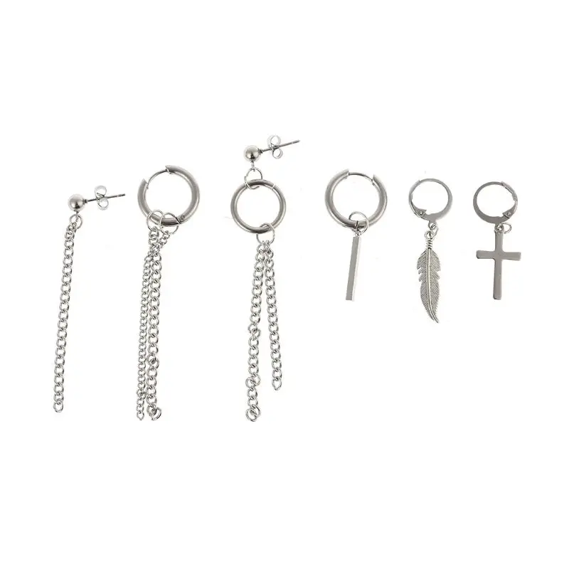 

6pieces Elegant Silver Dangle Earrings Kit Korean Fashion Hoop Earring Jewelry Accessories for Women Men Daily Wear