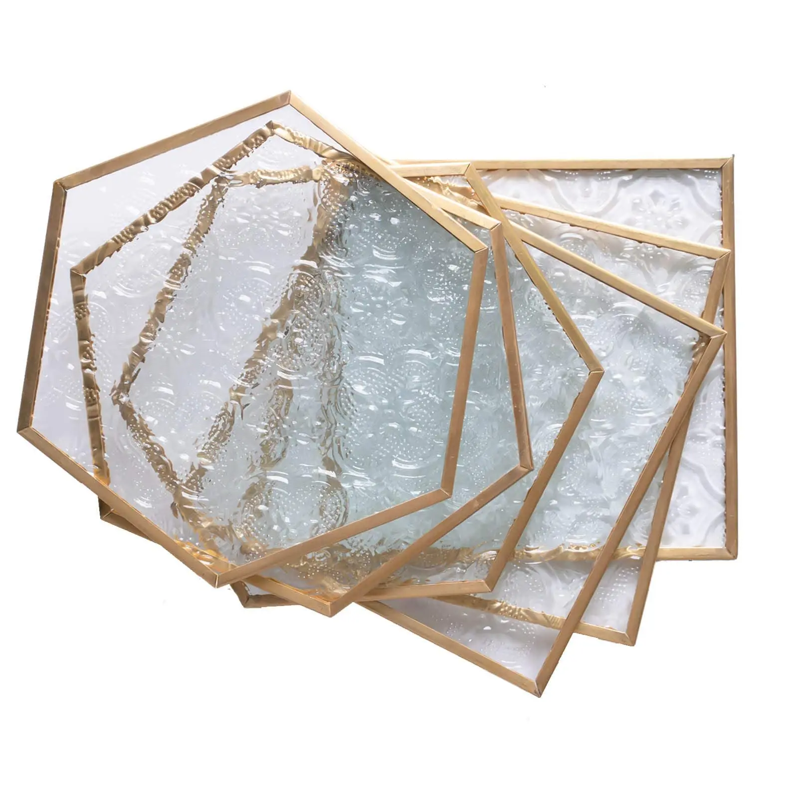 

4 Pcs Cup Coaster With Carved Glass Stylish For Coffee Tea Wine Coasters For Bar With Brass Edge Hexagon And Square Coasters