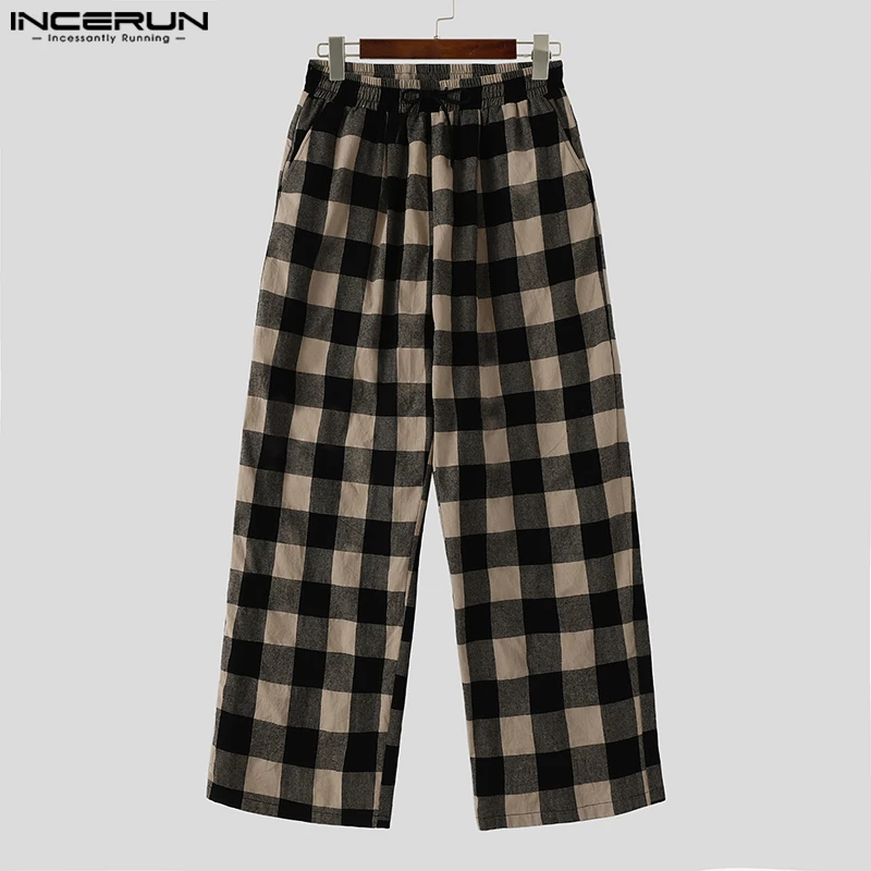 Брюки INCERUN мужские с поясом на резинке повседневные длинные брюки в клетку