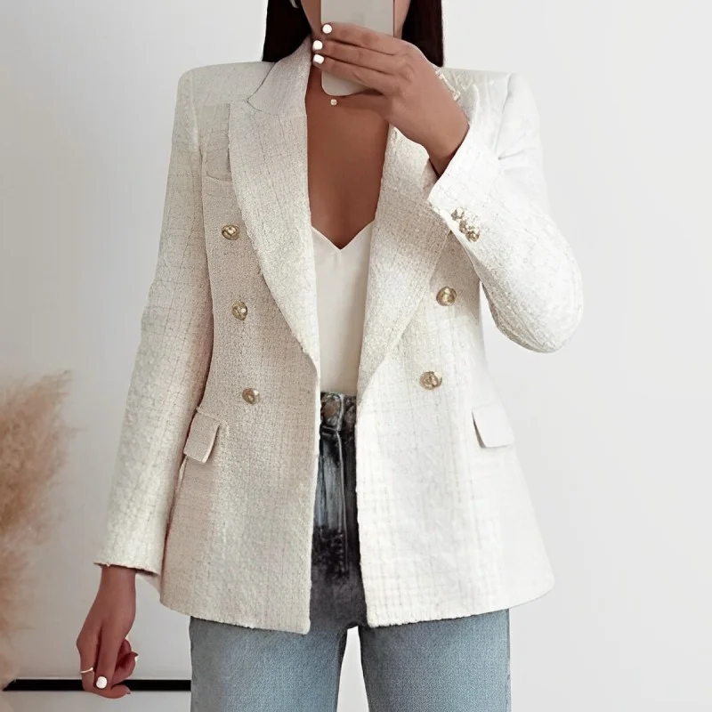 Tweed Rose Red Blazer Women Fashion Double Breasted Green Coats Vintage Long Sleeve V Neck Pockets Female Outerwear Chic Suits