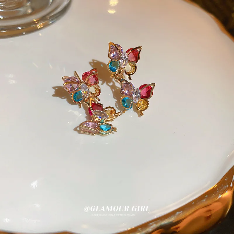 Sweet Cute Sliver Needle Colorful Crystal Butterfly Dangle Earrings for Women Fashion Elegant Earrings Kpop Lovely Jewelry Gift