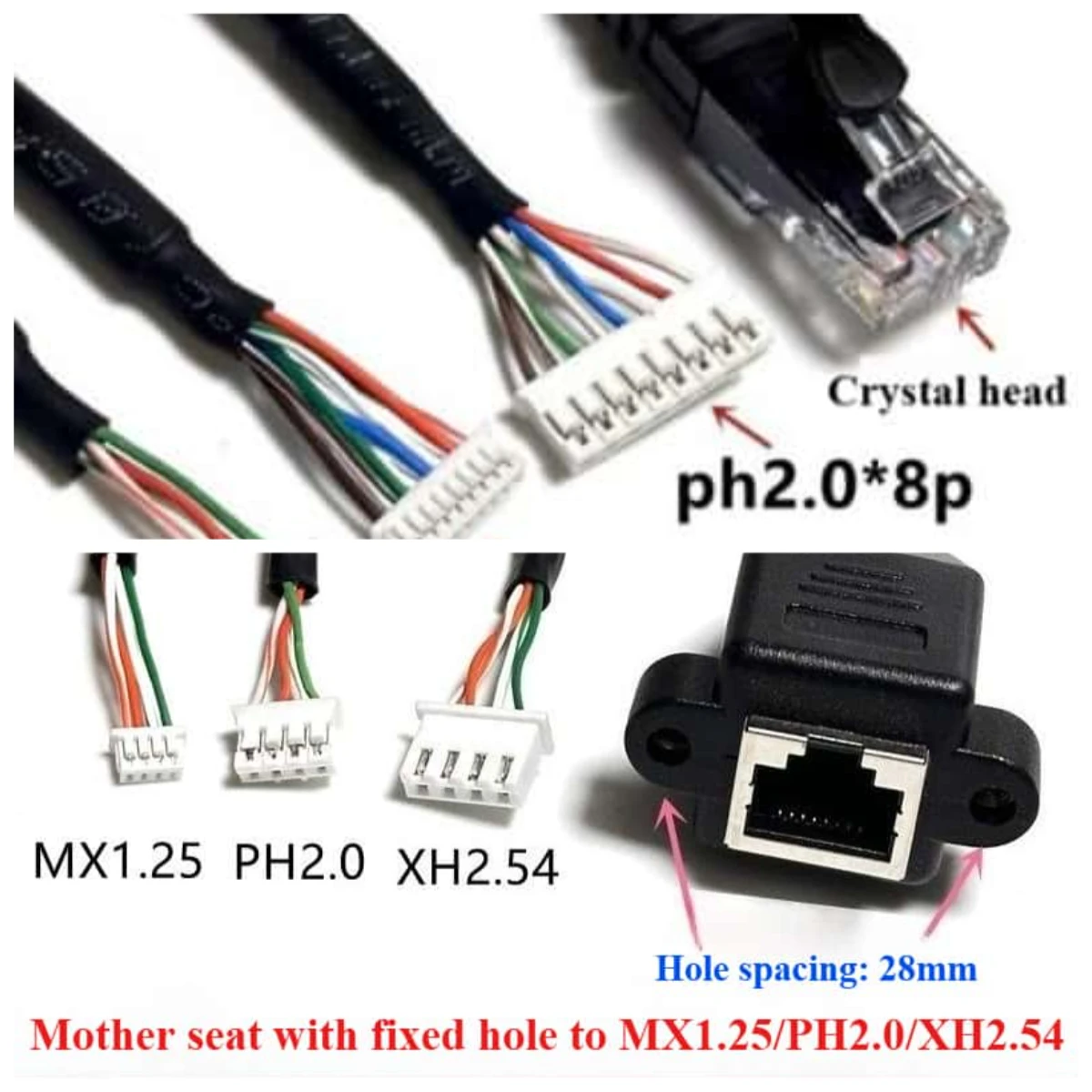 Фото Сетевой кабель 100 Мбит/с, пятиклассный, RJ45 Crystal / RJ45 Female Rotor / XH2.54 / MX1.25 / PH2.0*4P/8P, с чистым медным проводом №3