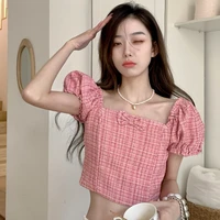 xiaoxiangfeng bow puff sleeve shirt womens 2022 spring new slim short top pink top woman tshirts one shoulder top