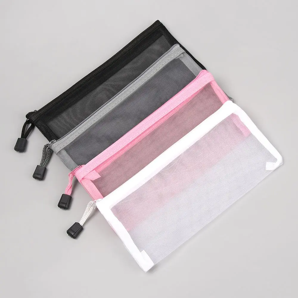 Fashion Solid Color Zipper Pencil Case Nylon Mesh Pen Bag Tr