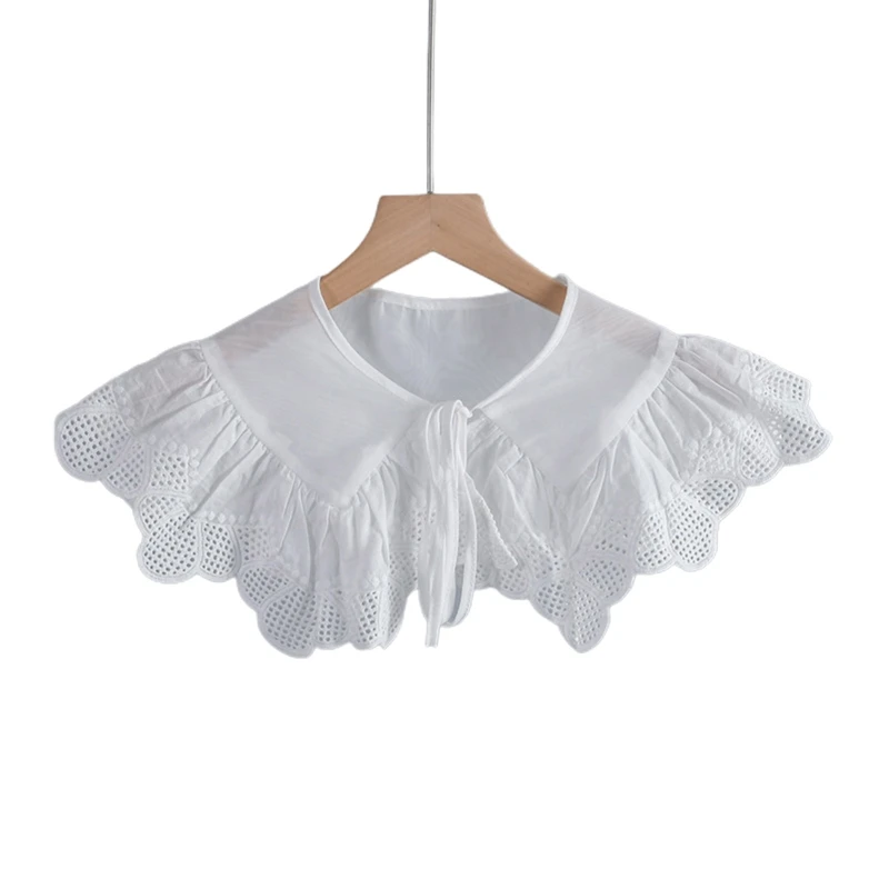 

Women Hollow Crochet Ruffles Trim Capelet Necklace Lace-Up Bow Detachable Collar L21E