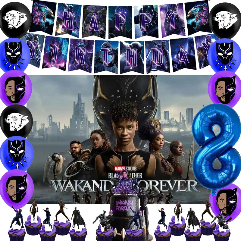 Black Panther 2 Superhero Theme Birthday Decoration Flag Cake With Balloons Hanging Background Cloth Party Supplies