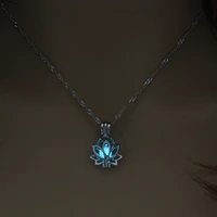 luminous lotus pendant necklaces for women men retro fluorescent stone pendant alloy chain necklace fashion jewelry gifts