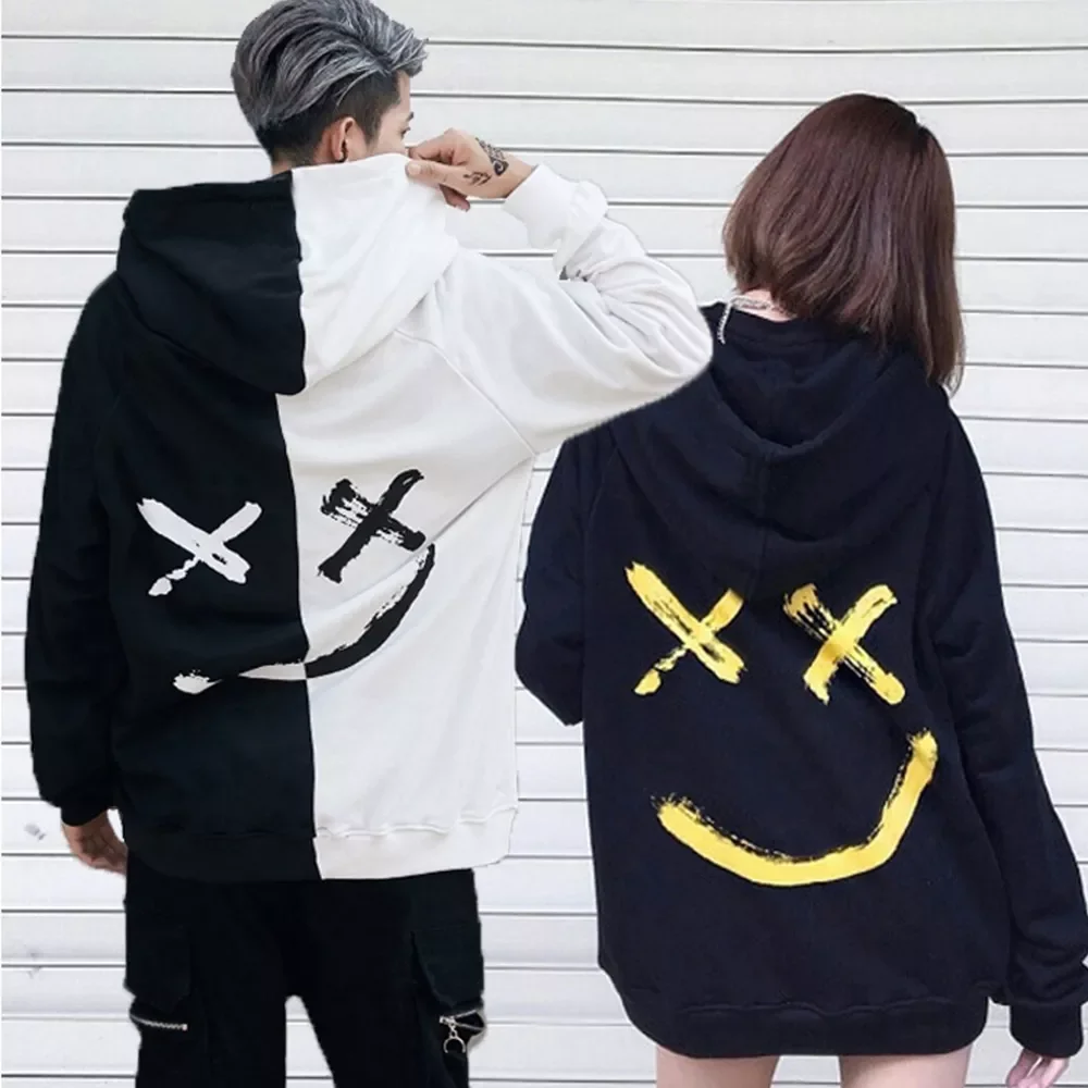 

Men Smiling Face Hoodies Long Sleeve Print Hooded Pullover Oversized Sweatshirts Patchwork Hip Hop Streetwear Men Women Hoodie
