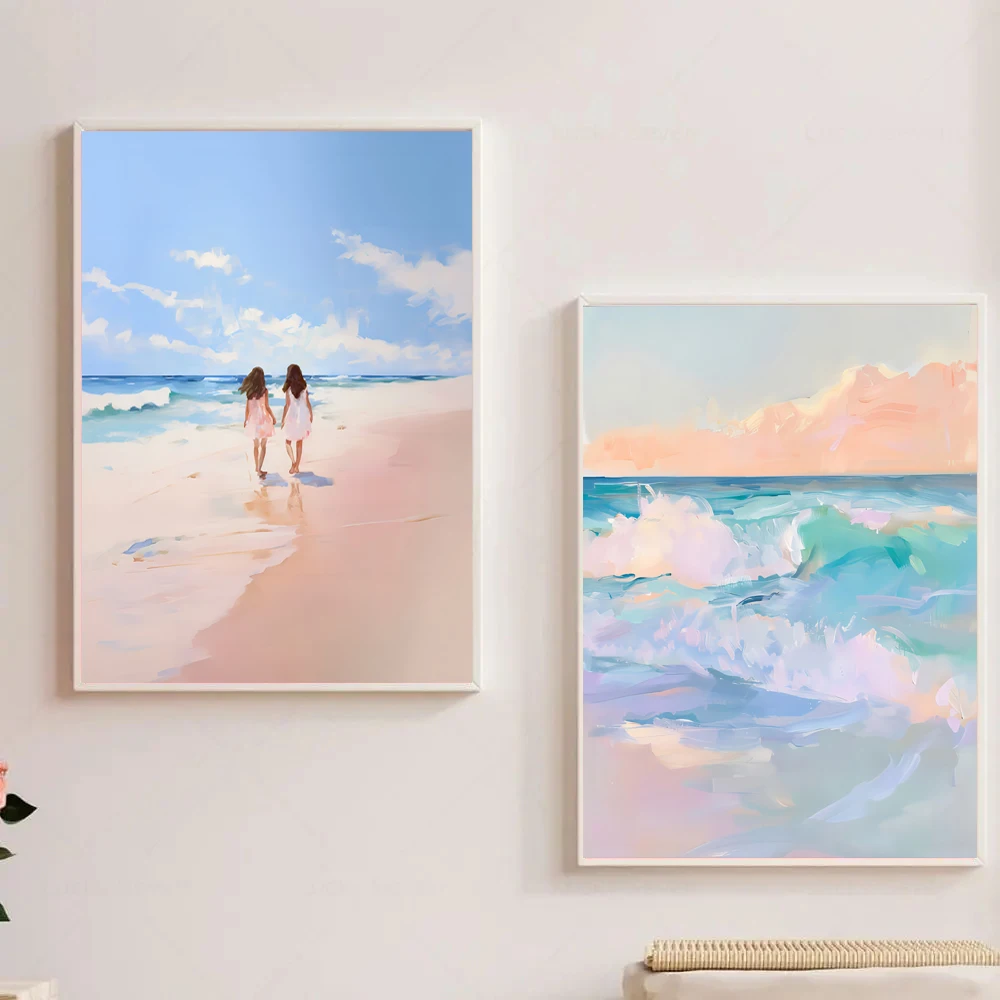 Пейзаж мечтательный розовый картина маслом маленькая девочка прогулка по морю