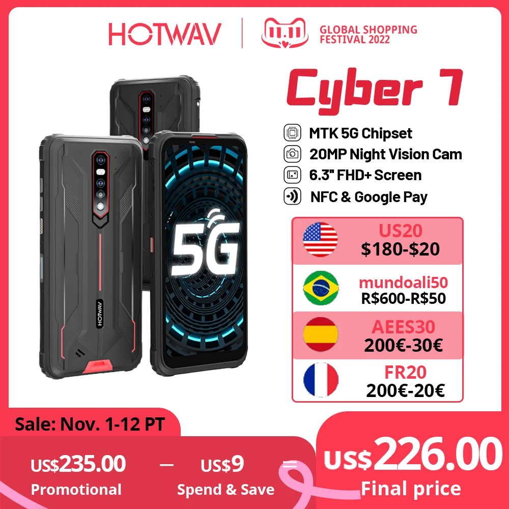 Najtaniej Hotwav Cyber 7 5G Wytrzymały Telefon 6.3 Cal FHD + Ekran 8GB RAM 128GB ROM 8280mAh Bateria Smartphone 48MP Główna Kamera NFC Telefon 2021