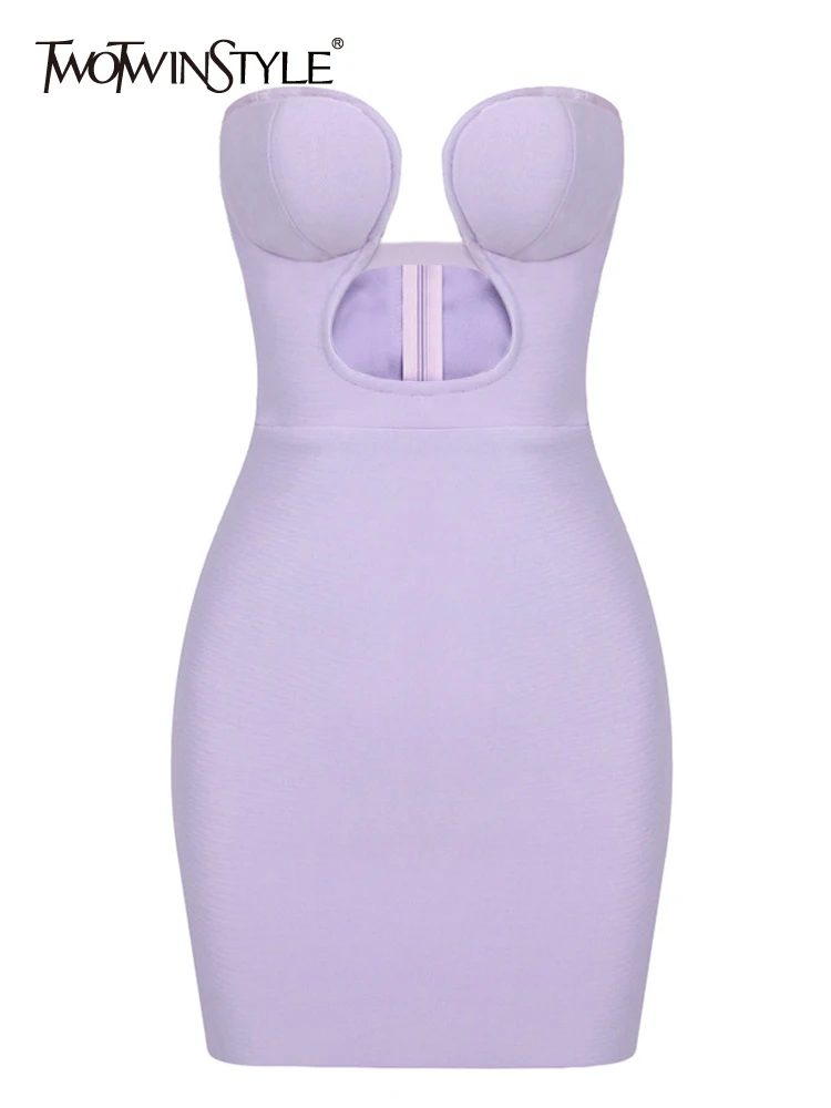 

TWOTWINSTYLE Sexy Solid Dresses For Women Strapless Sleeveless High Waist Slimming Hollow Out Dress Female Fashion Clothes 2023