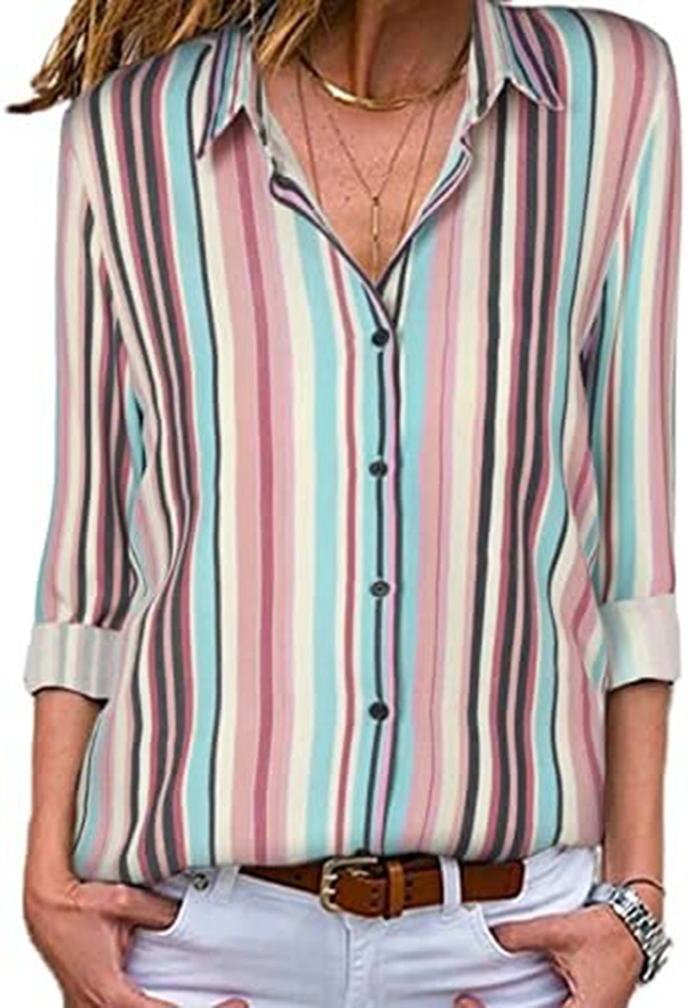 

Женская рубашка с V-образным вырезом, полосатая рубашка с коротким рукавом и пуговицами, Повседневная рубашка, женская элегантная рубашка, стильная пикантная блузка