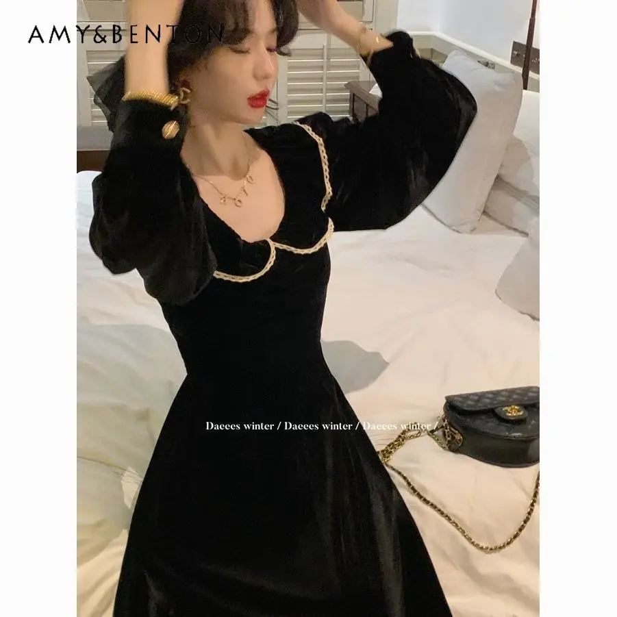 High Waist Black Dress 2023 Retro Spring and Autumn New Hepburn Style Elegant Long Sleeve Mid-Length Dress for Women