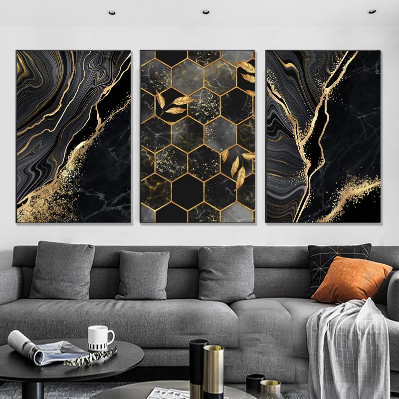 

Black Golden Abstract Art Print Wall Art Decor Canvas Marble Mosaic with Veins Posters HD Wall Paintings Room Decorations