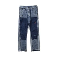 high street ink patch stitching jeans mens old washed loose straight nine point pants