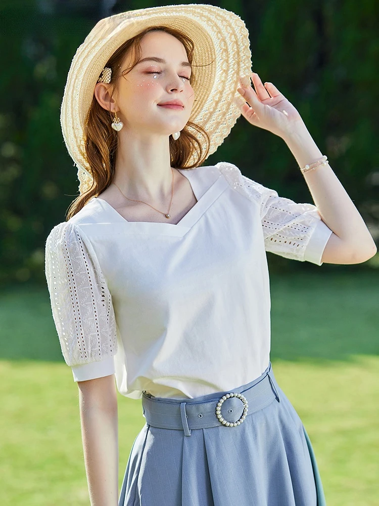 

Dinboa- You Summer New Women's T-shirt French Hollow Out Short Sleeve T-shirts Slim Square Collar T-shirt Top Women 2212013707